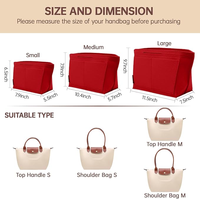 OPPOSHE Purse Organizer Insert for Longchamp Le Pliage, Premium Felt Long Champ Bag Handbag Women, Tote Organizer Insert with 6 Compartments (Small, Red)