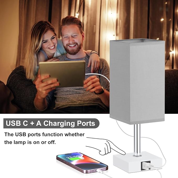 Touch Table Lamp for Bedroom - Dimmable, USB C+A, Grey Lamphade White Base | 3-Way Dimmable, 3000K LED Bulb Included, Square Lampshade, Cute Room Decor for Teen Girls, Kids, Small Lamp for Dorm, Nursery