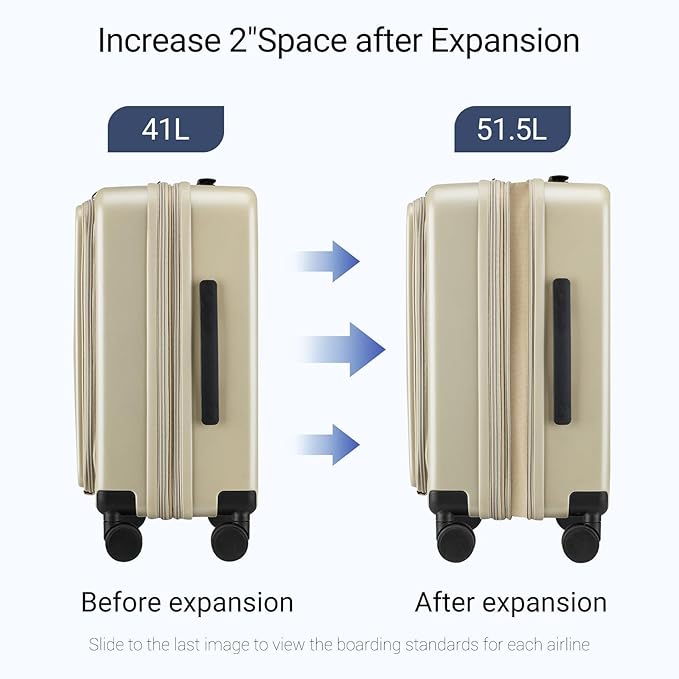 Carry On Luggage with Top Opening, Expandable with Front Pocket and USB Charging Port, Lightweight with Front Compartment Rolling Suitcases with Spinner Wheels (Khaki, 20 Inch)