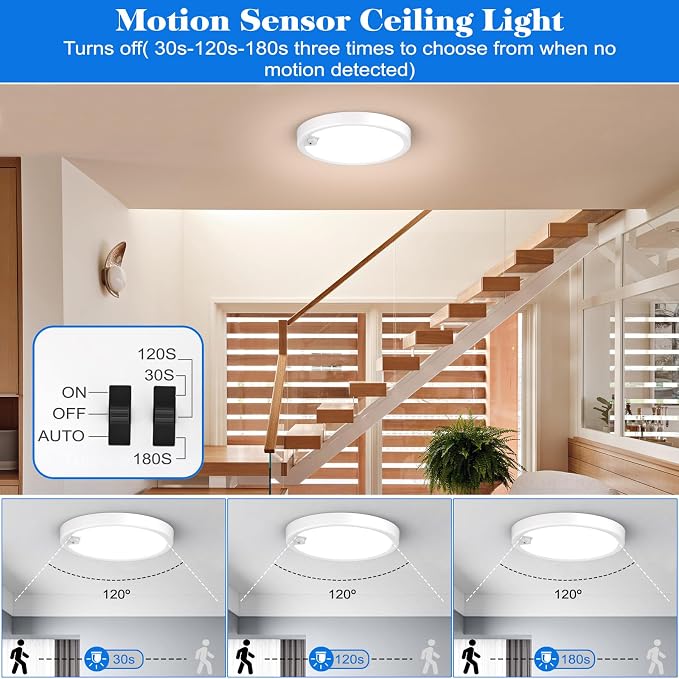 KEPLUG Motion Sensor Light Indoor Wired, Flush Mount Lighting Fixture | , Round LED Light Fixtures Ceiling Mount for Stair Porch Hallway Laundry Basements, 3000k/4000k/6000k Dimmable 2 Pack