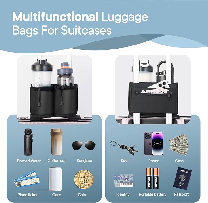 Extra Luggage Cup Holder Free Hand Drink Caddy for Suitcases to Travel and Business Trip,Travel Must Haves Men Women,Holds Two Coffee Cups,Passport,Flight Attendant Essential Organizer-Black
