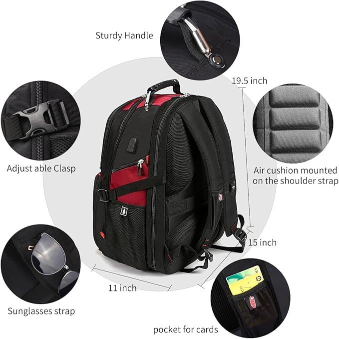 SHRRADOO Extra Large 50L Travel Laptop Backpack with combination lock, College High School Backpack Airline Approved Business Work Bag Fit 17 Inch Laptops for Men Women,Red