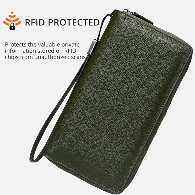 Bveyzi Women RFID Blocking Wallet Leather Zip Around Phone Clutch Large Capacity Ladies Travel Purse Wristlet | RFID Blocking, Zip Around, Large Capacity