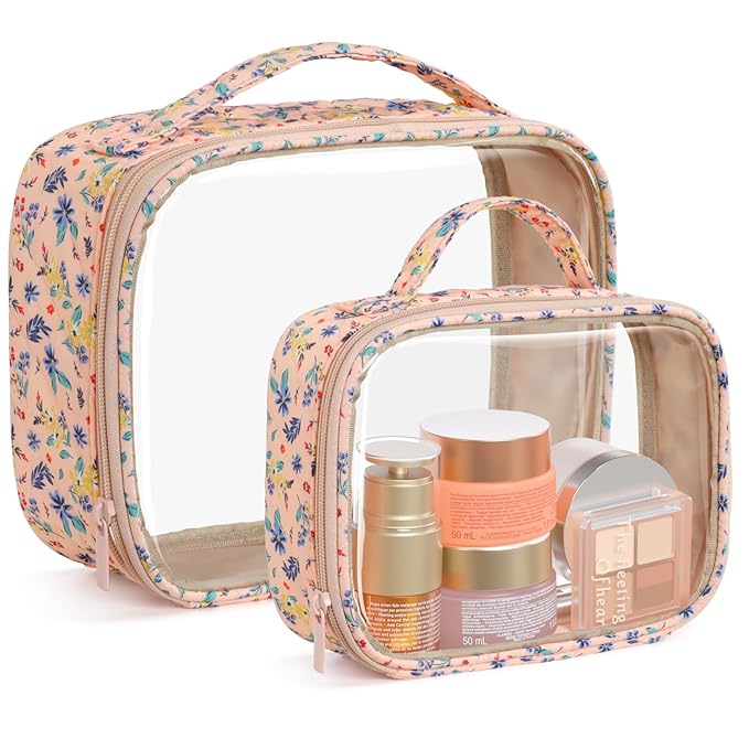 PACKISM Stylish TSA Approved Toiletry Bag Set, Floral, Clear Makeup Bag with Handle, 1 TSA Medium & 1 Large for Travel, Gift for Women, Nude Pink Ditsy Floral