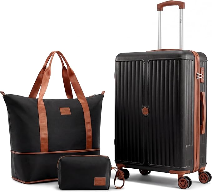 Hoteel Luggage Sets 3 Piece ABS+PC Hardside, 4-Year Warranty, Luggage Set with Spinner Wheels, TSA Lock, Lightweight Carry on Luggage, 20" Suitcase with Duffel & Organizer, Black