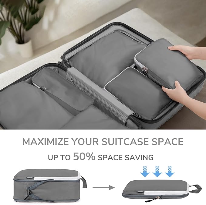 CherryNow Compression Packing Cubes, 7 Set Packing Cubes Compression, Travel Essentials, Travel Organizer for Shoes, Clothing, Grey