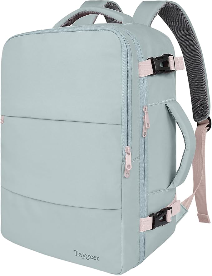 Taygeer Carry On Backpack for Women, TSA Approved Underseat Personal Item with 17.3 inch Laptop Compartment, Cute Daypack for Hiking Outdoor Weekend, Travel Backpack with Multiple Pockets, Powder Blue