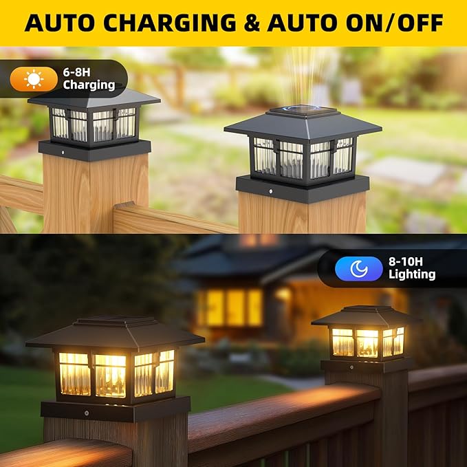 4x4 Solar Post Cap Lights, Classic Black, 8 Pack, Warm & Cool White | Fits 4x4 Wooden and Vinyl Posts,Fence Deck Post Lights,Edison-style bulb