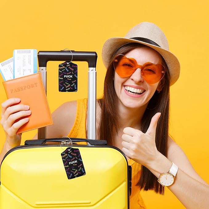 2 Pack Luggage Tags for suitcases Fuck TSA Approved Label Luggage Tag Baggage Tag Leather Stainless Steel Loop Label Tag for Men Women Travel Bag Suitcase