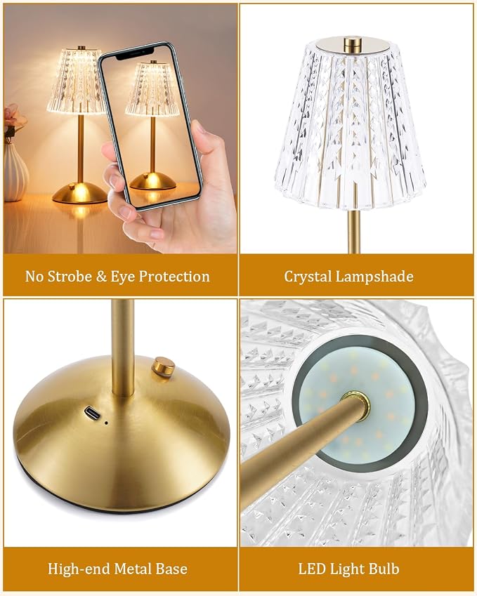 Cordless Touch Table Lamp, Classic Edition Rechargeable Small Desk Lamp | 3 Color Dimmable Gold Crystal Lamp for Bedroom, Restaurant, Kitchen & Home Decor