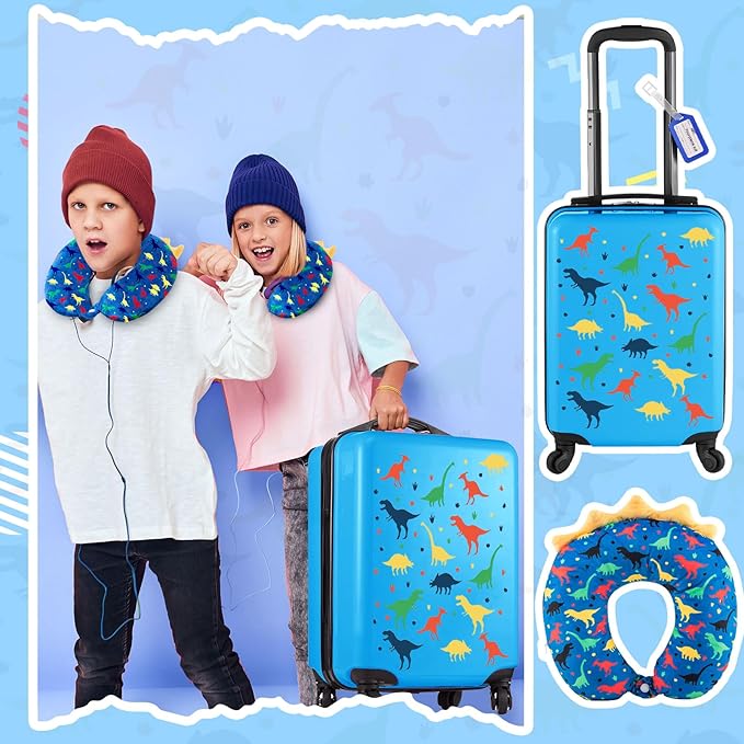 Redbaker 17 Inch 6 Pcs Kids Luggage Set Kids Rolling Luggage Double Pattern Suitcase for Boys Girls (Dark Blue, Dinosaur Style)
