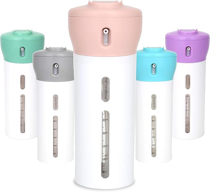 Travigo 4-in-1 Travel Dispenser Bottle, TSA Approved, Leak Proof, Four Reusable 1.4 oz. (40 mL) Toiletry Containers for Shampoo, Conditioner, Soap, Lotion, Skincare (Pink)