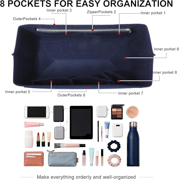 Doxo Felt Purse Organizer Insert for Longchamp Le Pliage L Travel Bag, Longchamp Orgainzer Insert Large with 9 Compartments and Zipper Water Bottle Holder, Fits Long Champ Large Bag (LT, Navy)
