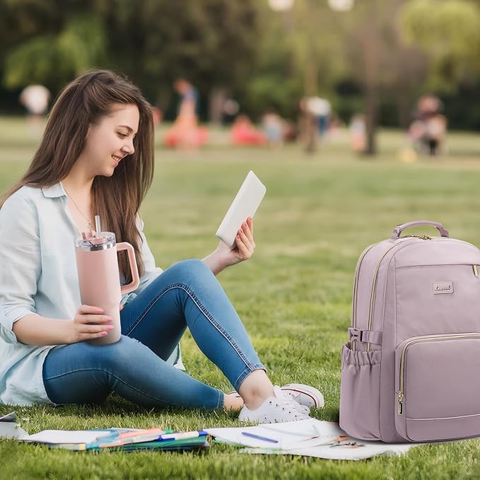 LOVEVOOK Laptop Backpack for Women with Pouch Pocket for Large Capacity Cup,15.6 Inch Laptop Computer Bag Travel Backpack Purse,Waterproof Work Business Backpack College Teacher Bags,Grayish Purple