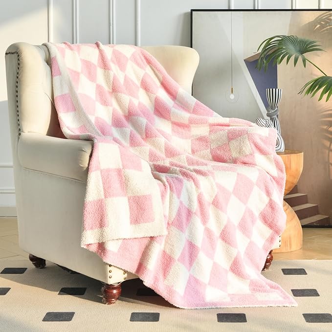 Checkered Blanket, Cozy Soft Throw Blankets for Couch Bed, Fluffy Plaid Lightweight Comfy Travel Picnic Blanket Gifts for Sofa Chair Living Room Camping (Pink, Twin 60"x80")
