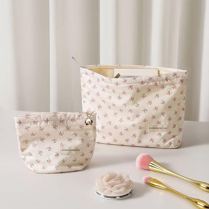 HAPPYHEIDI Makeup Bag Set of 2, Cute Accessory Pouch, Cotton, Floral, Zipper Closure, Large 10.2x7.8x2 Inches, Lightweight