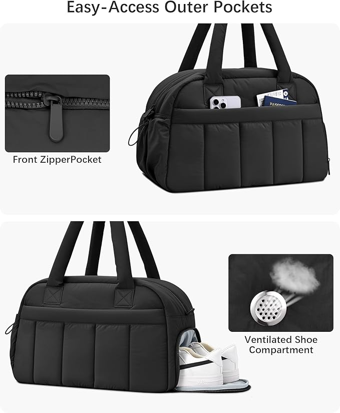 oscaurt Gym Bag for Women Puffer Duffle Bag for Travel Water Resistant Carry On Weekender Overnight Duffel Dance Bag with Shoe Compartment