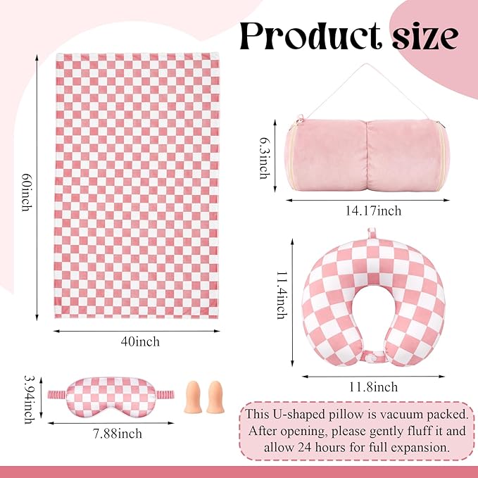 5 Pcs Travel Pillow and Blanket Set, 5 in 1 Travel Airplane Compact Includes 40 x 60 Inch Throw Blanket Eye Mask Neck Pillow Earplug and Bag Gifts for Travelers Women(Checkered,Pink)