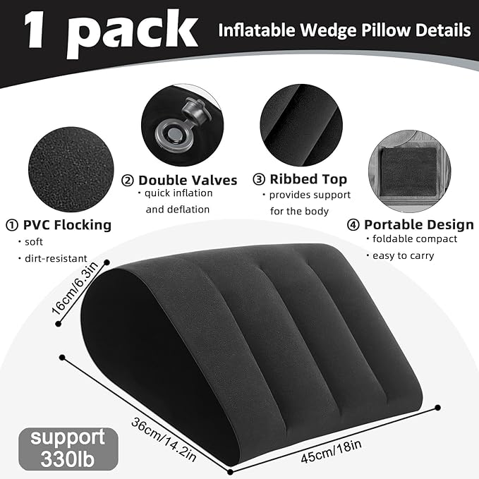Portable Inflatable Wedge Pillow for Traveling - Wedge Pillow for Sleeping,30s Blow Up Small Inflatable Wedge Body Positioner,Lightweight Bed/Leg/Hip/Ankle Elevation Pillows,Under Knee Pillow,Black