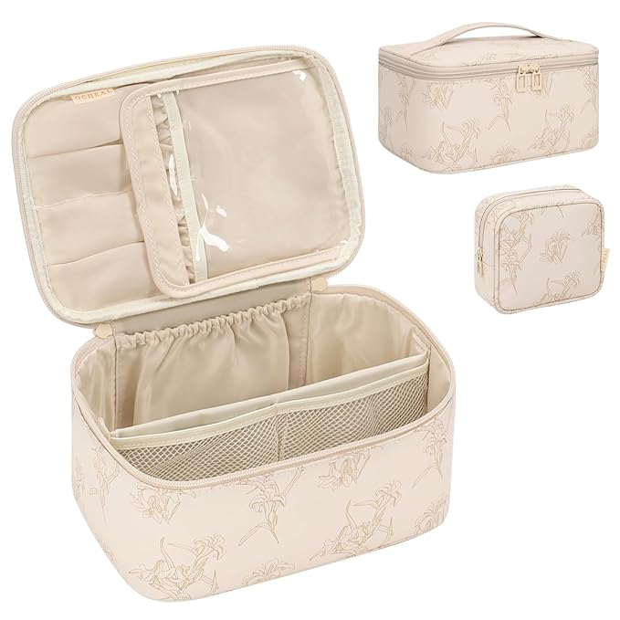 OCHEAL Makeup Bag Set, Portable Travel Makeup Bags Cosmetic Organizer Bag for Women Cute Floral Cosmetic Pouch Large Capacity Make up Bag PU Leather Toiletry Bags with Divider and Handle-Beige