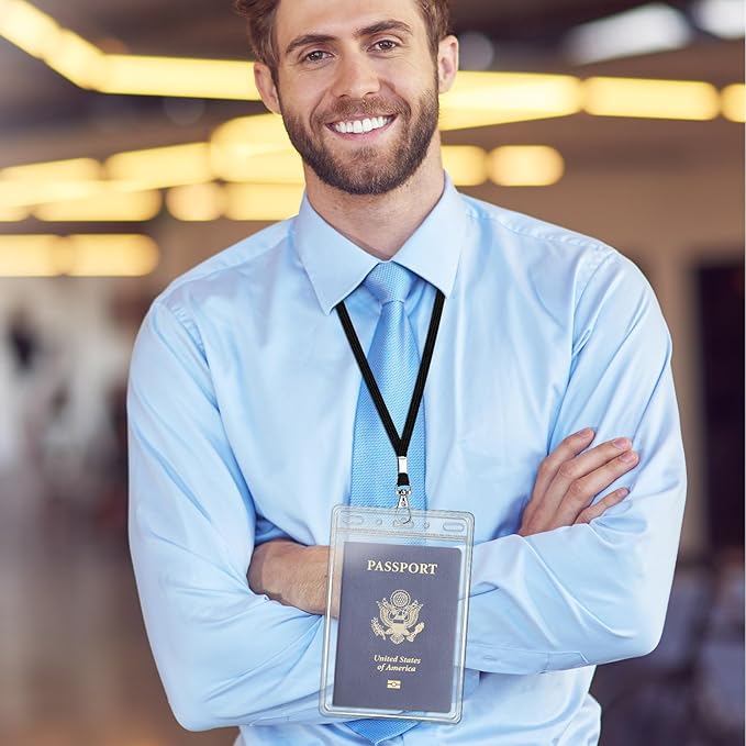 3 Pack Clear Plastic Passport Badge Holders with Lanyard, 4x6 Inch Vertical No Zipper ID Card Holder with Black Lanyard Extra Large ID Badge Holder for Passport