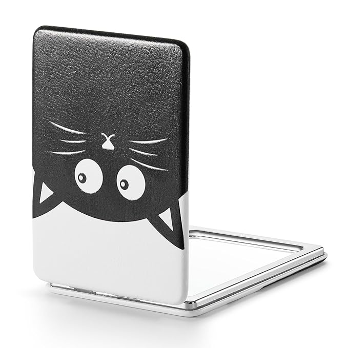 OMIRO 1X/3X Magnifying Mirror, Unique Painting Compact Mirror with Classical PU Leather, 2.4" W x 3.4" L (Black Cat)