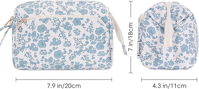 Narwey Cute Floral Makeup Bag Wide-open Make up Bag Travel Cosmetic Organizer Toiletry Bag for Cosmetics Toiletries Accessories (Blue Flower)