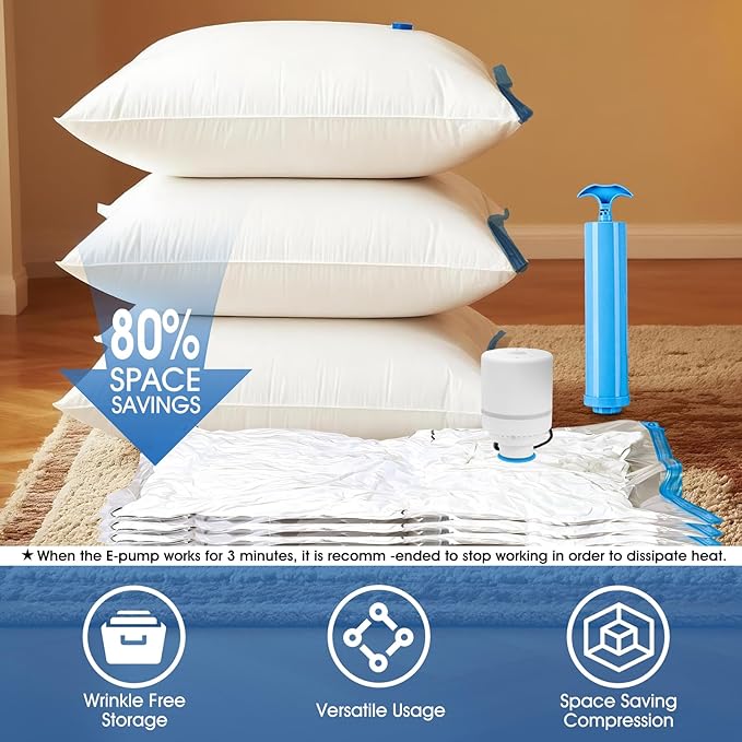 AROIC 50 Pack Vacuum Storage Bags, 5 Sizes + 2 Roll-up (8 Each) Space Saver Vacuum Sealer Bags for Clothing with 1 Electric Pump and 1 Hand Pump, Seasonal Storage Bags for Luggage, Travel Essentials