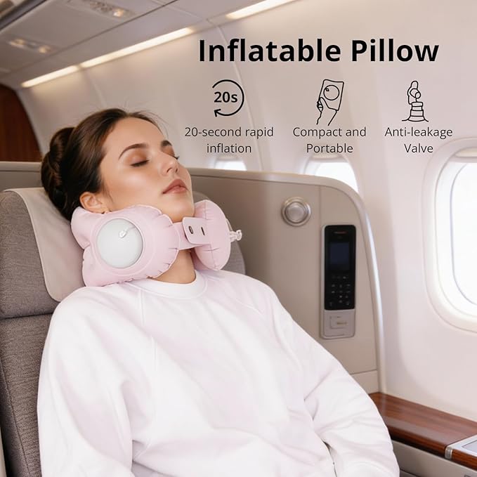 Ultralight Inflatable Travel Neck Pillow Press to Inflate Leak-Proof Design Compressible Adjustable Neck Support for Airplane Camping Driving Sleeping Business Trip Long Flights (Pink, Medium)