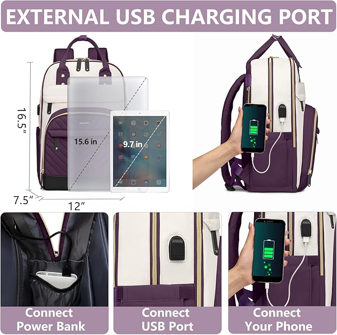 Laptop Backpack for Women Work Bag - 15.6 inch Travel Backpack Purse with USB Charger College Bookbag Waterproof Cute Casual Daypack Fashion Business Computer Backpacks for Teacher Nurse Dark Purple