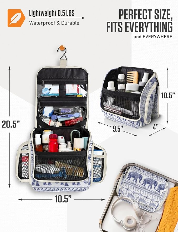 VENTURE 4TH Hanging Travel Toiletry Bag for Women & Men – Large Toiletry Organizer with 17 Compartments, Removable TSA Pouch, Travel Wash Bag for Toiletries, Makeup & Shaving Kit (Blue Elephant)