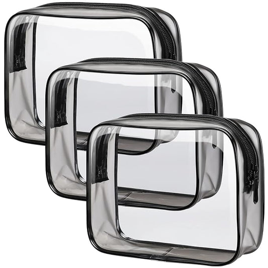 PACKISM Clear Toiletry Bag - TSA Approved Toiletry Bag 3 Pack Same Medium Size, Quart Size Bag Travel Makeup Cosmetic Bag, Carry on Airport Airline Compliant Bag, Black