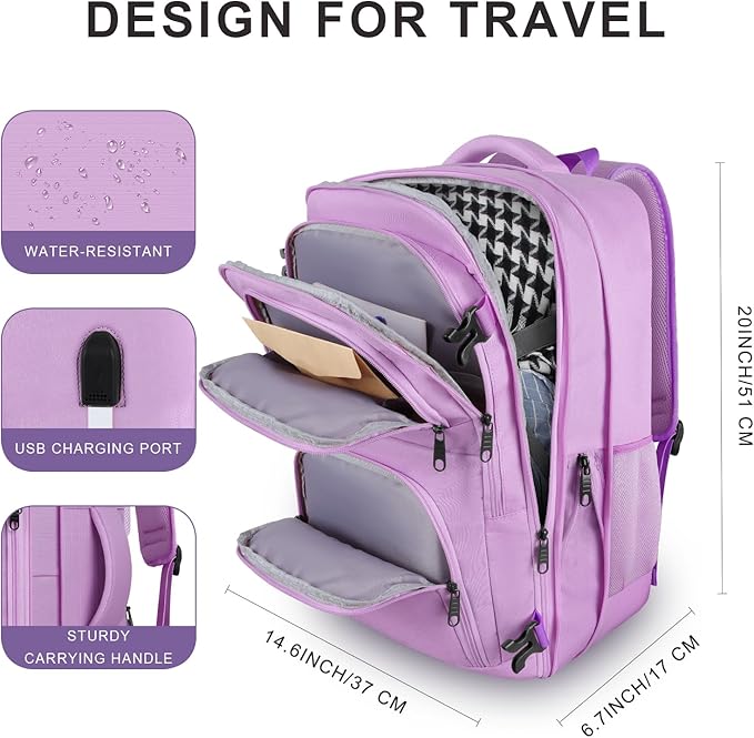 Large Travel Backpack, Laptop Backpack for women, Expandable 52L Carry On Backpack, TSA Water Resistant Weekender 18.4 Inch Laptop Backpack, Anti Theft Business Computer Bag with USB Port, Purple