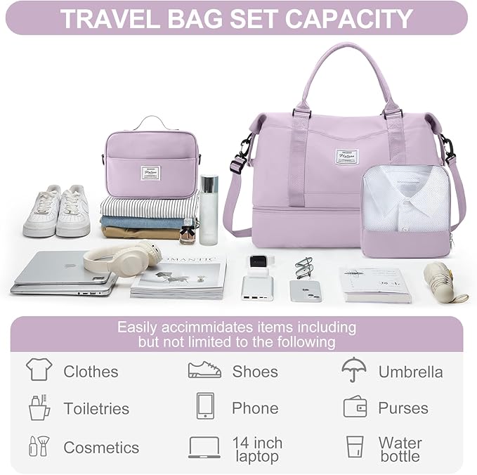 Weekender Bags for Women,Travel Duffle Overnight Bag with Shoe Compartment,Personal Item Carry On Bag,Purple,Extra Large,3 Pcs Set