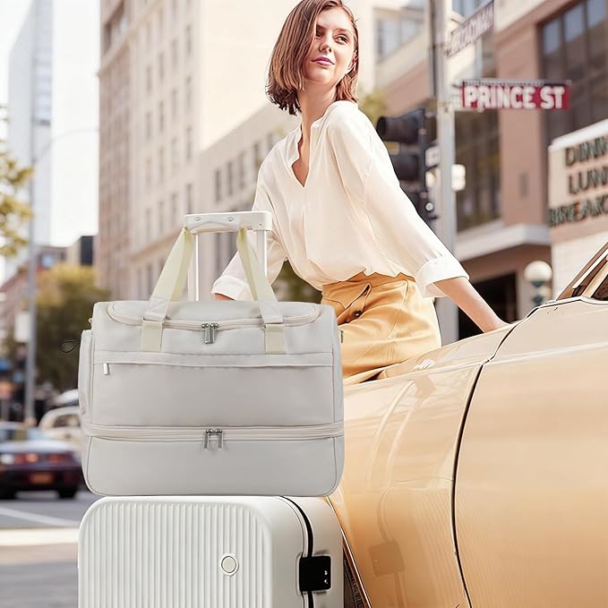 Carry On Travel Duffel Bag for Women & Men,Overnight Weekender Bag with Shoe Compartment,Trolley Sleeve and Adjustable Shoulder Strap,Business & Weekend Travel,Gym,Sports,Yoga & Dance(Ivory)