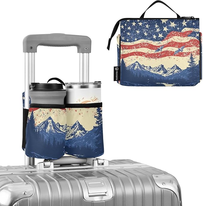 July 4th Flags Mountains Blue Luggage Cup Holder Travel Portable Free Hand Drink Carrier Suitcase Drinks Beverage Holder Carry-On Bottle Mug Holder Organizer Bag Travelers Accessories