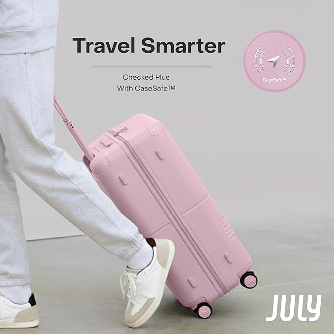 Checked Plus with CaseSafe - 28.75" Trackable TSA Lock Airline Approved Check In Luggage with Wheels, Rolling Suitcase for Men & Women - Silent Spinner Wheels, Y-Strap - Blush Pink