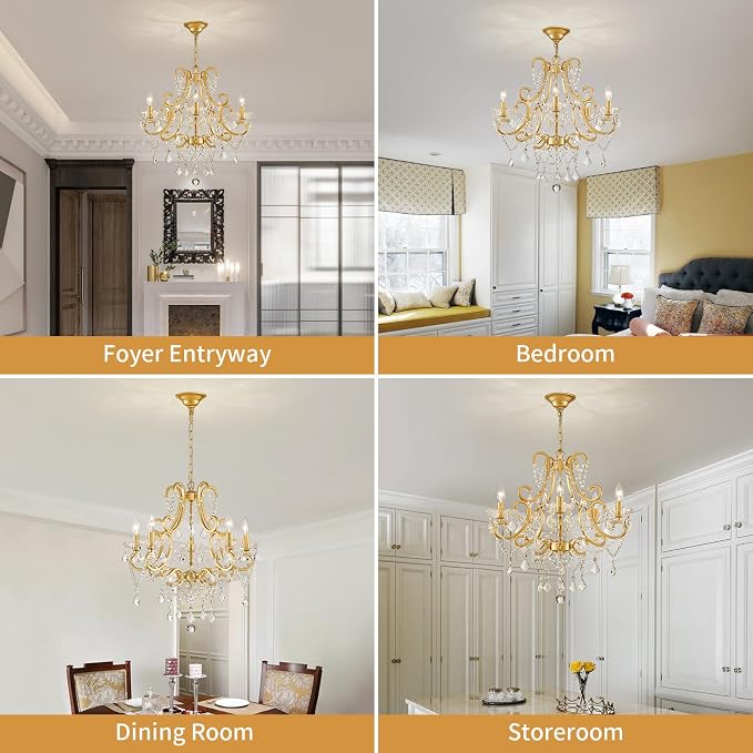 Crystal Chandelier, 5-Light Gold Chandelier for Dining Room Light Fixture, K9 Crystal Pendant Ceiling Light Fixture, Modern Candle Chandelier for Living Room Kitchen Island Entryway Bedroom