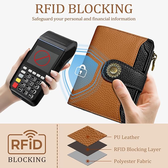 Icycay Small Wallet Women RFID Blocking Bifold, Credit Card Holder, Zipper Coin Pocket, PU Leather, Compact, Travel, 4 ID Window, 14 Card Slots, Cash Purse, Ladies Woman Female Girls