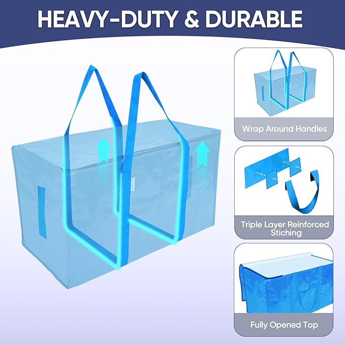 TICONN 6 Pack Extra Large Moving Bags Heavy Duty with Zippers & Carrying Handles, Durable Storage Bags Moving Boxes for Closet Organizers and Storage (6 Pack, Sky Blue)