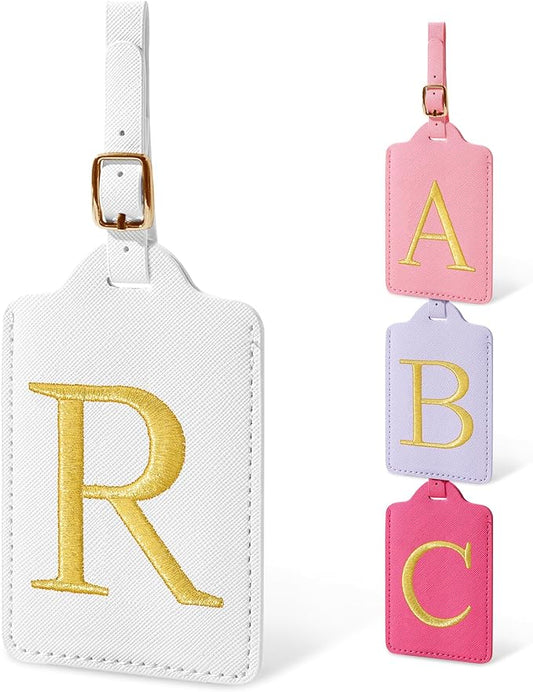 Personalized Initial Luggage Tags for Suitcases, Cute PU Leather Embroidered Letter Travel Luggage Tags, Suitcase Identifier Name Baggage Tag, Bag Tags for Men Women Kids Luggage Handbags(White R)