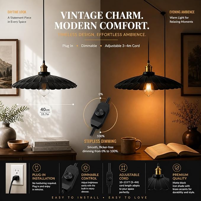 Plug in Hanging Lamp Adjustable Farmhouse Black Plug in Pendant Light for Kitchen Island, Dimmer Switch Rustic Vintage Hanging Lamp with Scalloped 15.7" Metal Shade