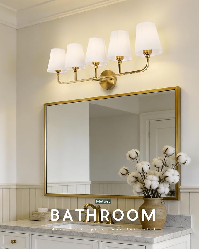 5-Light Brushed Gold Bathroom Vanity Light, Beige Fabric Shades | Ideal for 40-52" mirrors, 35" bathroom light fixtures over mirror, upward only, E26 base, bulbs not included, VL837-BG-B-5