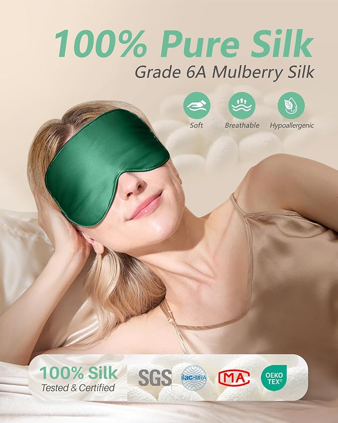 BeeVines 100% Real Mulberry Silk 2 Pack Sleep Mask, Pure Silk Eye Masks with Adjustable Strap for Sleeping, 100% Block Light Eye Shade Cover, Reduces Puffy Eyes Traveling Gifts(Black & Green)