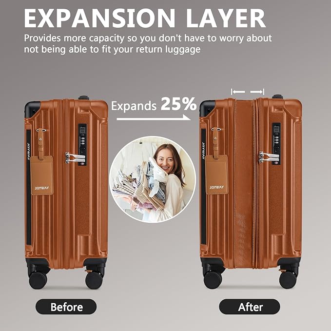 Joyway Carry On Luggage, Expandable Suitcase with Smart Cup Holder and USB Port, 20 IN Hardside Checked with TSA Lock Spinner Double Wheels (Brown, Carry-On 20-Inch)