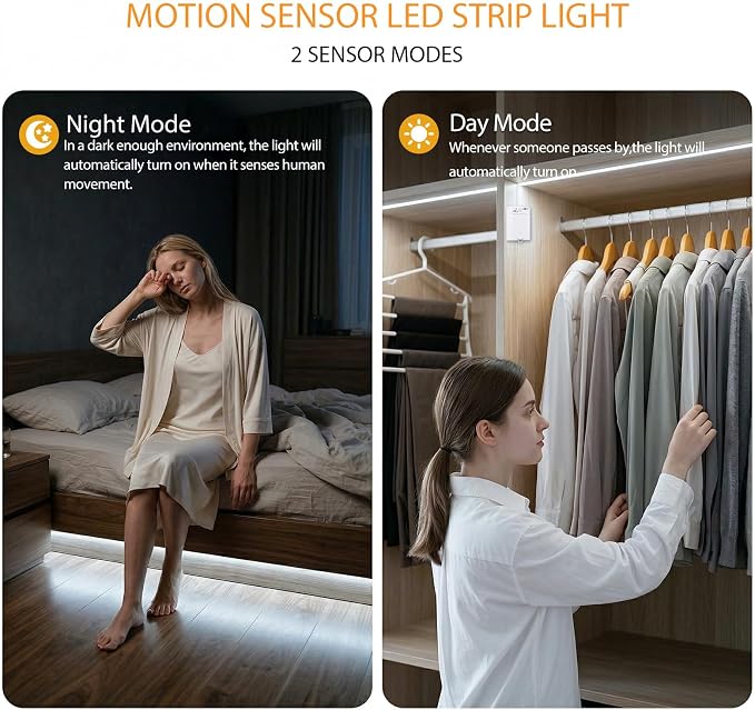 OMIKA COB Motion Sensor LED Strip Light, 6.56ft 640LEDs Closet Lights, Rechargeable Battery Operated Stair Strip Lights for Bed, Pantry, Shelves, Cabinet, Locker, 6000K Cool White, 2 Pack
