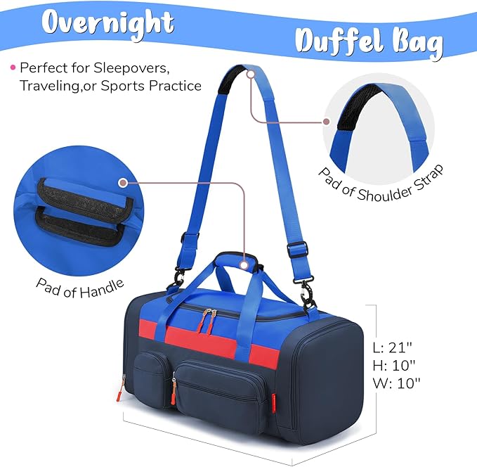 WOOMADA Kids Duffle Bag for Boys or Girls,Weekender Overnight Bag with Shoe Compartment & Wet Pocket Perfect For School, Sports, Overnight Trips(Navy Blue)