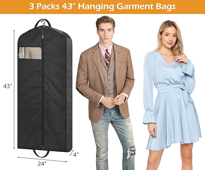 MISSLO 43" Mens Garment Bags for Travel Waterproof Suit Bags for Closet Storage for Shirts, Jackets, Coats, Black, 3 Packs