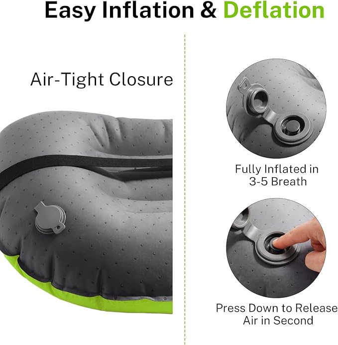 Camping Pillow-Compressible, Ultralight Inflatable,Compact, Comfortable, Ergonomic Inflating Pillows for Neck & Lumbar Support While Camp, Hiking(Green,with Anti Slip Straps)
