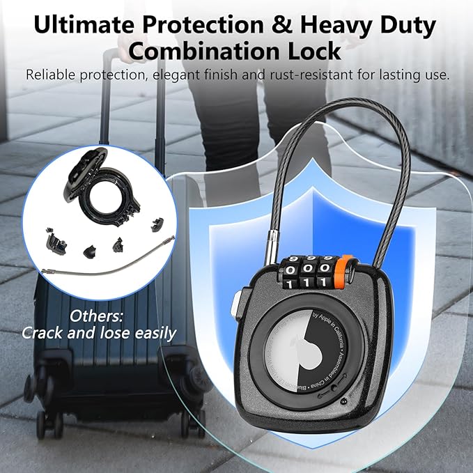 Compatible with Apple AirTag Secure Lock with Wire Cable, 3-Digit Combination Luggage Locks, Alloy Body Ultra Durable Anti-Lost Protective Case for Luggage, Suitcase (Black/White)